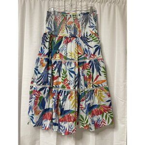 Farm Rio Midi Skirt in Blue Tropical Print Parrots Size Large Cotton